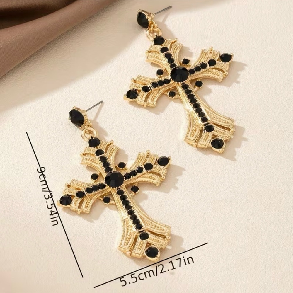 Religious Cross Earrings Gold Tone New - Picture 3 of 5